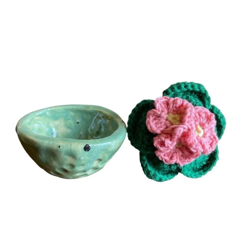 Crochet African Violet in Clay Vase Pink Flowers Handmade Crocheted Plant Decor